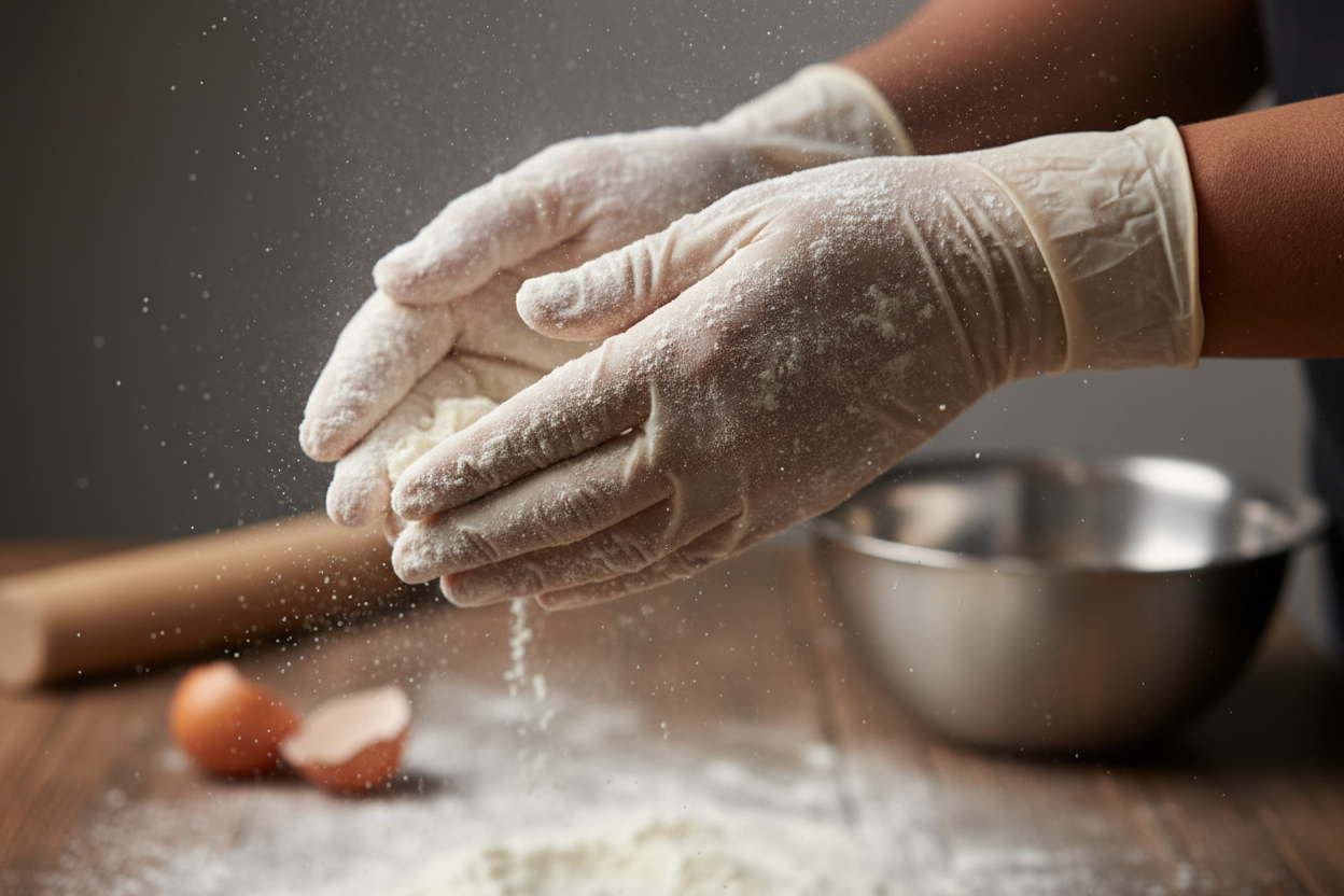 brown hands in gloves and flour